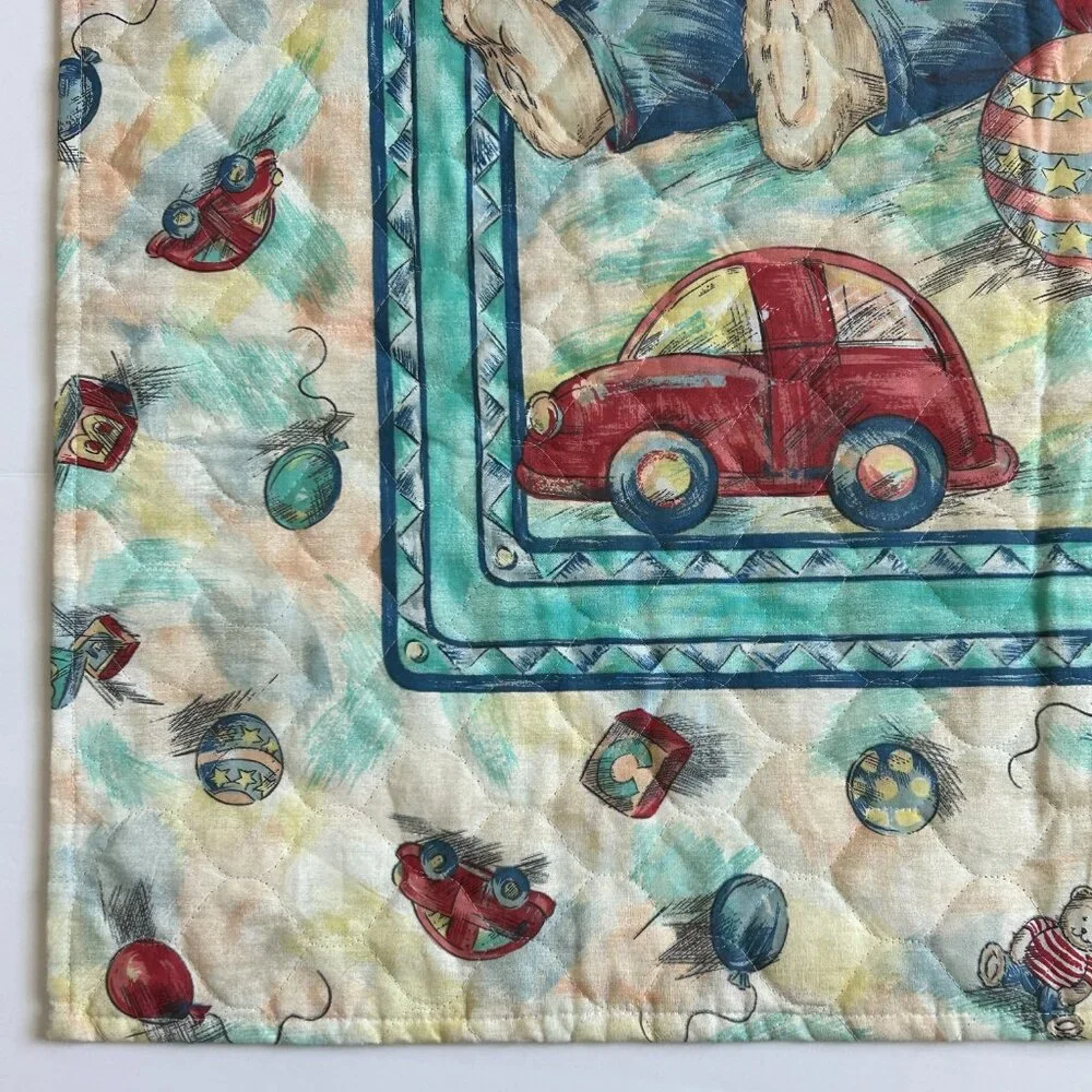 Handmade Baby Blanket Quilt Bunnies Rabbit Balloons Activity Play Mat 33x43 Inch